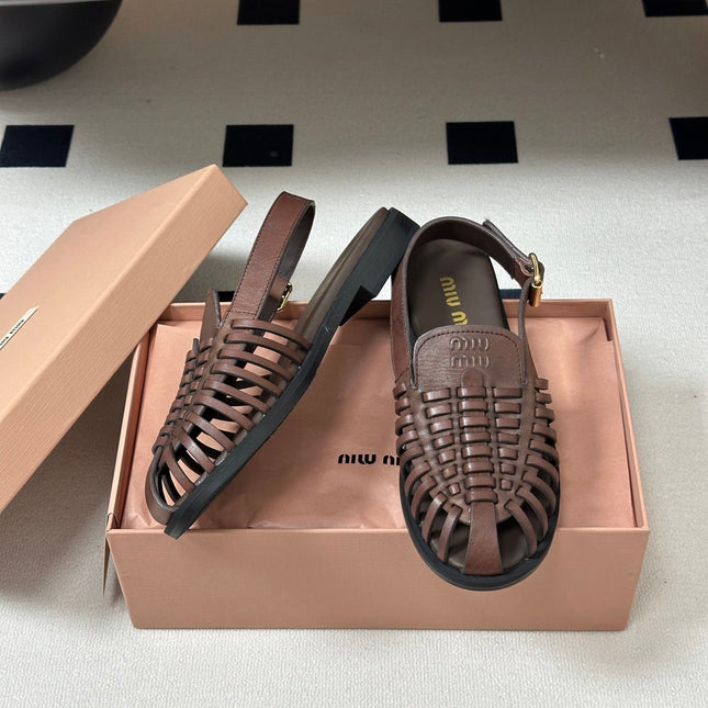 MIUMIU 26S SLINGBACK FISHERMAN SANDALS IN DARK BROWN CALFSKIN