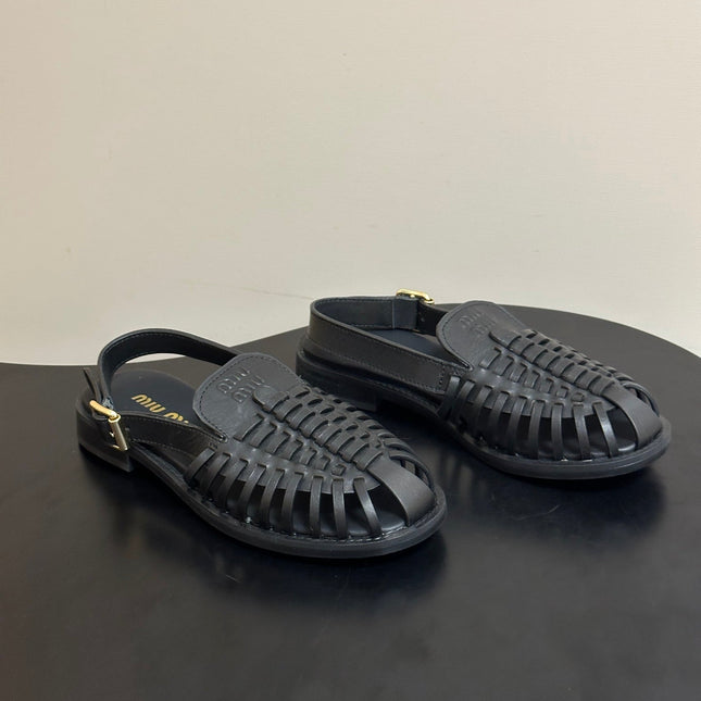 MIUMIU 26S SLINGBACK FISHERMAN SANDALS IN BLACK CALFSKIN