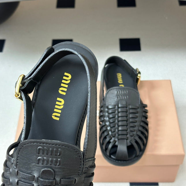 MIUMIU 26S SLINGBACK FISHERMAN SANDALS IN BLACK CALFSKIN