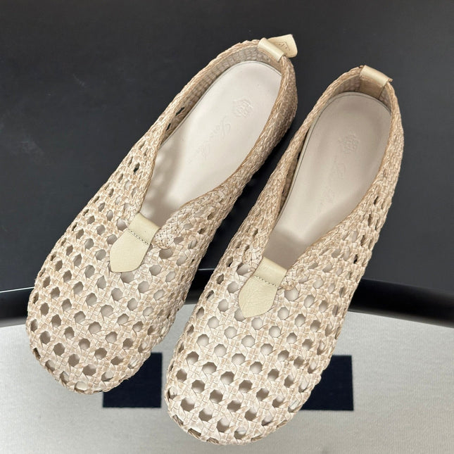 LP 26S BALLET FLATS IN CREAM WHITE CALFSKIN WITH BASKETWEAVE DESIGN