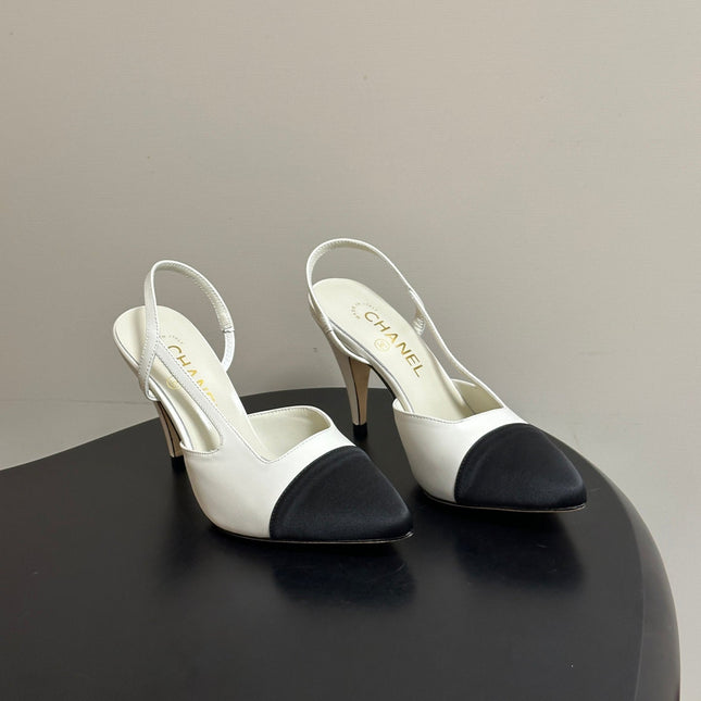 CHANEL 26S POINTED TOE HIGH HEEL SLINGBACKS 85 MM IN BLACK MIX WHITE LAMBSKIN