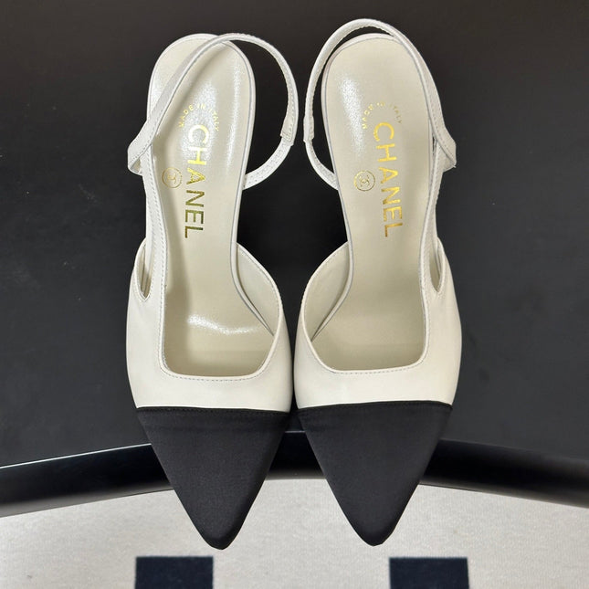 CHANEL 26S POINTED TOE HIGH HEEL SLINGBACKS 85 MM IN BLACK MIX WHITE LAMBSKIN