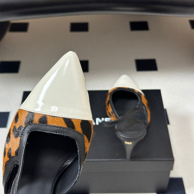 CHANEL 26S POINTED TOE HIGH HEEL SLINGBACKS 85 MM IN BROWN PONY HAIR WITH WHITE TOE