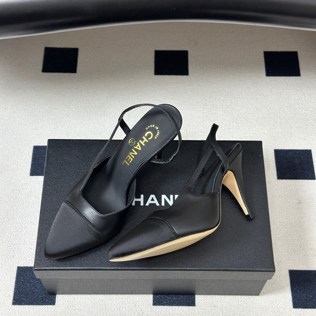CHANEL 26S POINTED TOE HIGH HEEL SLINGBACKS 85 MM IN BLACK LAMBSKIN AND FABRIC