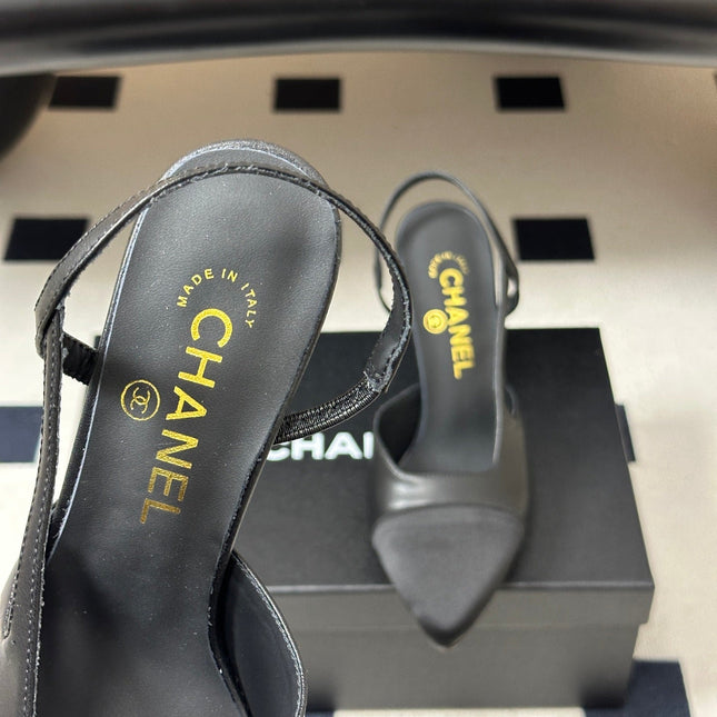 CHANEL 26S POINTED TOE HIGH HEEL SLINGBACKS 85 MM IN BLACK LAMBSKIN AND FABRIC
