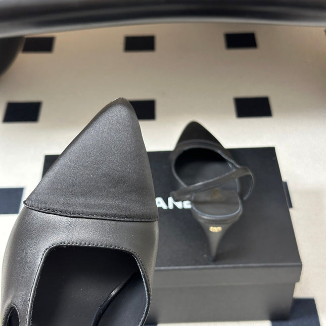 CHANEL 26S POINTED TOE HIGH HEEL SLINGBACKS 85 MM IN BLACK LAMBSKIN AND FABRIC