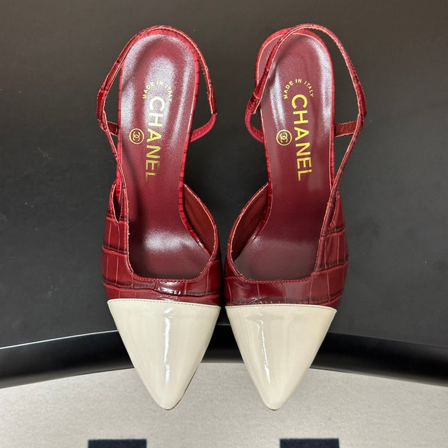CHANEL 26S POINTED TOE HIGH HEEL SLINGBACKS 85 MM IN  DARK RED MIX WHITE LAMBSKIN