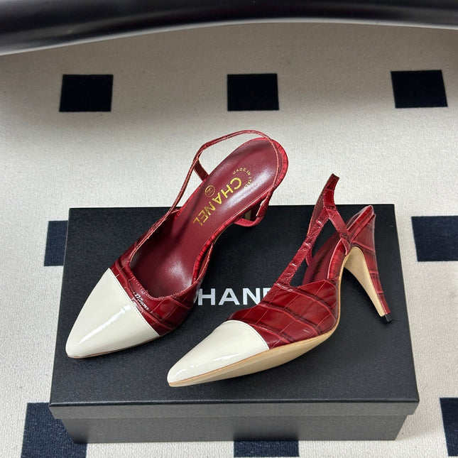 CHANEL 26S POINTED TOE HIGH HEEL SLINGBACKS 85 MM IN  DARK RED MIX WHITE LAMBSKIN