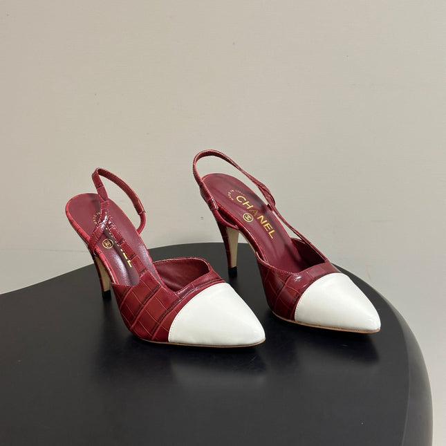 CHANEL 26S POINTED TOE HIGH HEEL SLINGBACKS 85 MM IN  DARK RED MIX WHITE LAMBSKIN