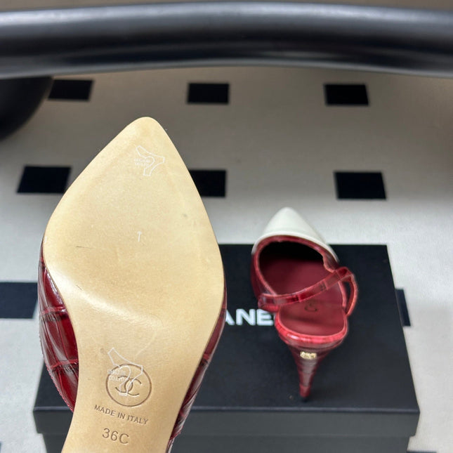 CHANEL 26S POINTED TOE HIGH HEEL SLINGBACKS 85 MM IN  DARK RED MIX WHITE LAMBSKIN