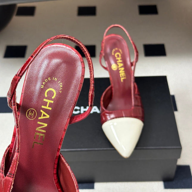 CHANEL 26S POINTED TOE HIGH HEEL SLINGBACKS 85 MM IN  DARK RED MIX WHITE LAMBSKIN