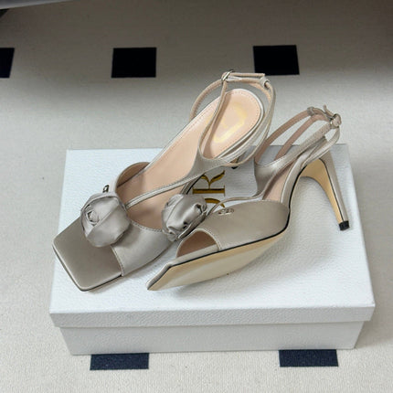 DIOR 26S ROSE HEELED SANDALS 85MM IN LIGHT GREY SATIN
