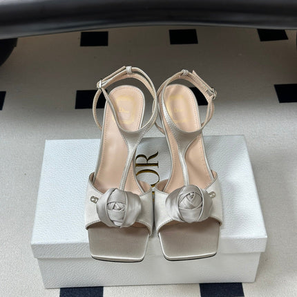 DIOR 26S ROSE HEELED SANDALS 85MM IN LIGHT GREY SATIN