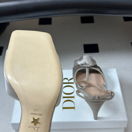DIOR 26S ROSE HEELED SANDALS 85MM IN LIGHT GREY SATIN