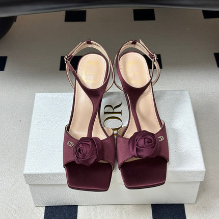 DIOR 26S ROSE HEELED SANDALS 85MM IN BURGUNDY RED SATIN