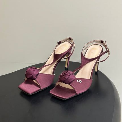 DIOR 26S ROSE HEELED SANDALS 85MM IN BURGUNDY RED SATIN