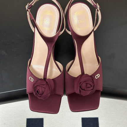 DIOR 26S ROSE HEELED SANDALS 85MM IN BURGUNDY RED SATIN