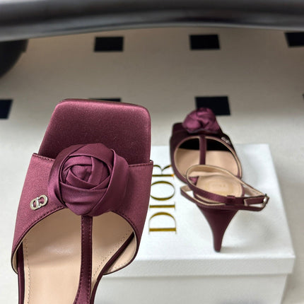 DIOR 26S ROSE HEELED SANDALS 85MM IN BURGUNDY RED SATIN