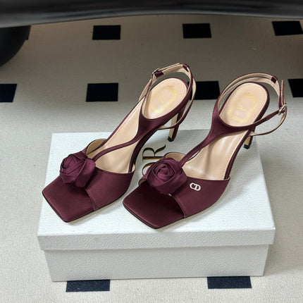 DIOR 26S ROSE HEELED SANDALS 85MM IN BURGUNDY RED SATIN