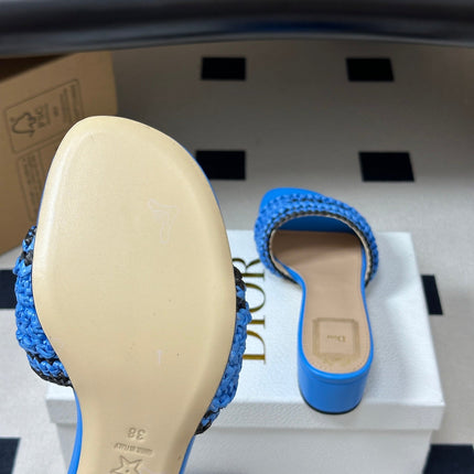 DIOR 26S BLOCK-HEEL SLIDE SANDALS 40MM IN BLUE RAFFIA