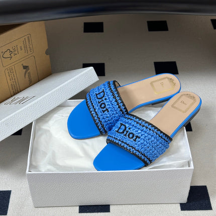 DIOR 26S FLAT SLIDE SANDALS IN BLUE RAFFIA