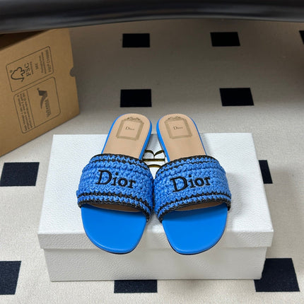 DIOR 26S FLAT SLIDE SANDALS IN BLUE RAFFIA
