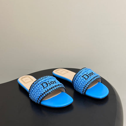 DIOR 26S FLAT SLIDE SANDALS IN BLUE RAFFIA