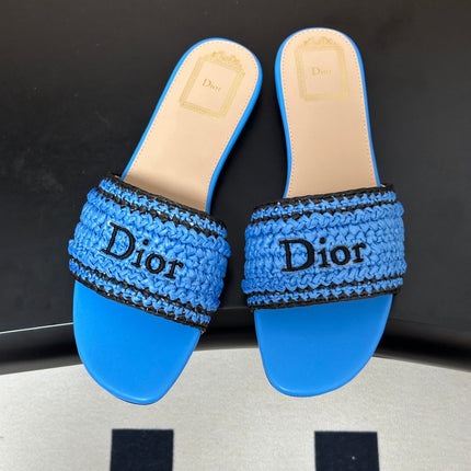 DIOR 26S FLAT SLIDE SANDALS IN BLUE RAFFIA