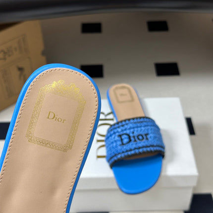 DIOR 26S FLAT SLIDE SANDALS IN BLUE RAFFIA