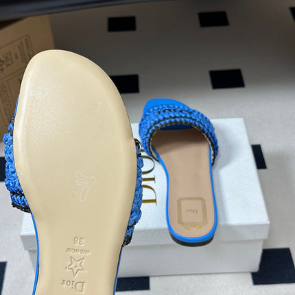 DIOR 26S FLAT SLIDE SANDALS IN BLUE RAFFIA