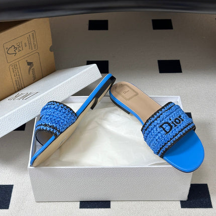 DIOR 26S FLAT SLIDE SANDALS IN BLUE RAFFIA
