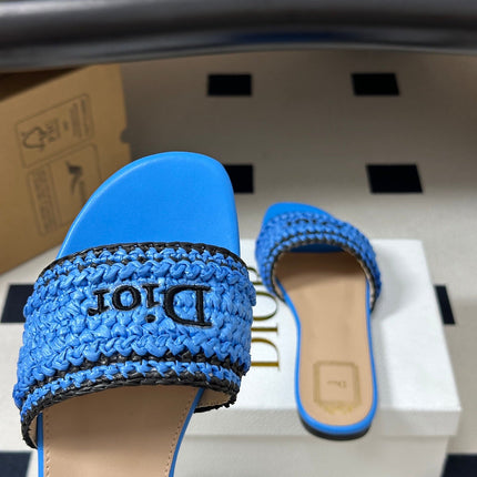 DIOR 26S FLAT SLIDE SANDALS IN BLUE RAFFIA