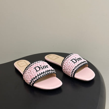 DIOR 26S FLAT SLIDE SANDALS IN PINK RAFFIA
