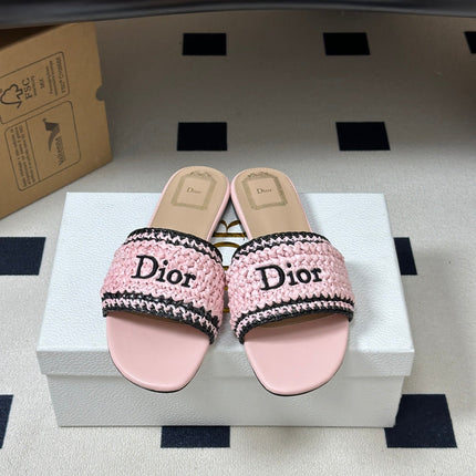 DIOR 26S FLAT SLIDE SANDALS IN PINK RAFFIA