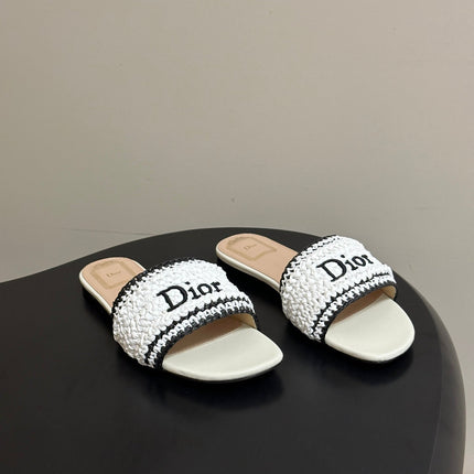DIOR 26S FLAT SLIDE SANDALS IN IVORY WHITE RAFFIA