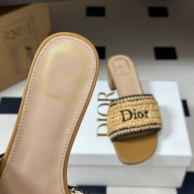 DIOR 26S BLOCK-HEEL SLIDE SANDALS 40MM IN BEIGE RAFFIA