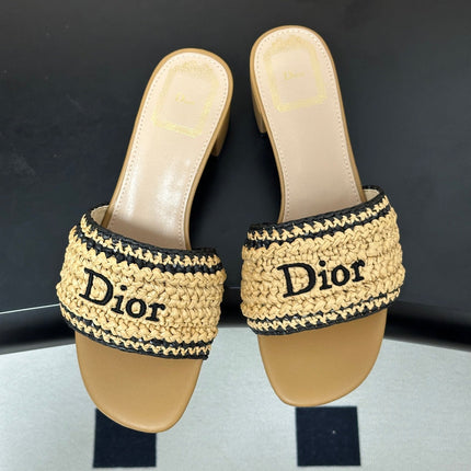 DIOR 26S BLOCK-HEEL SLIDE SANDALS 40MM IN BEIGE RAFFIA
