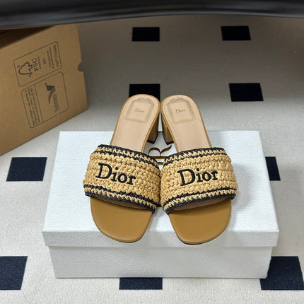 DIOR 26S BLOCK-HEEL SLIDE SANDALS 40MM IN BEIGE RAFFIA