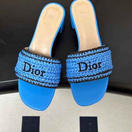 DIOR 26S BLOCK-HEEL SLIDE SANDALS 40MM IN BLUE RAFFIA