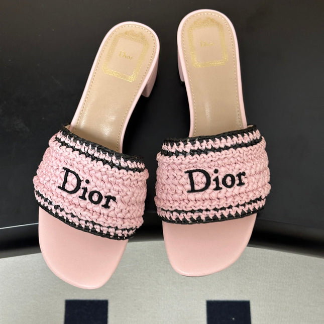 DIOR 26S BLOCK-HEEL SLIDE SANDALS 40MM IN PINK RAFFIA