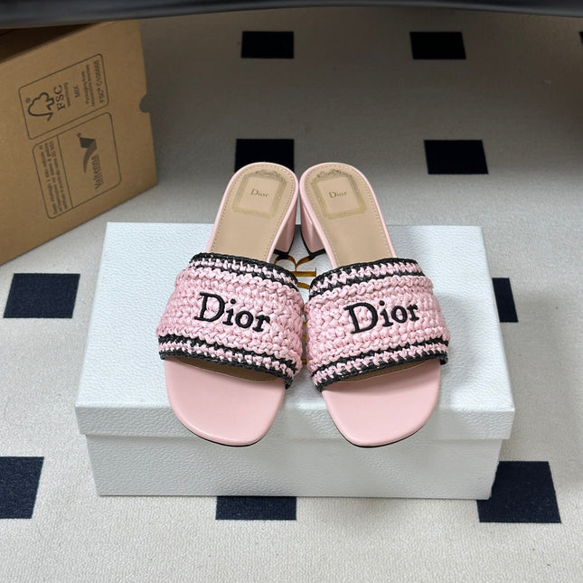 DIOR 26S BLOCK-HEEL SLIDE SANDALS 40MM IN PINK RAFFIA