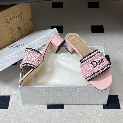 DIOR 26S BLOCK-HEEL SLIDE SANDALS 40MM IN PINK RAFFIA