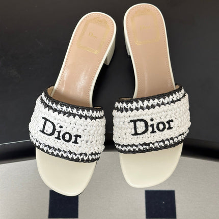 DIOR 26S BLOCK-HEEL SLIDE SANDALS 40MM IN IVORY WHITE RAFFIA