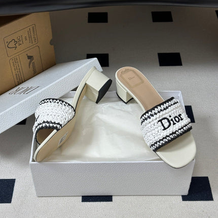 DIOR 26S BLOCK-HEEL SLIDE SANDALS 40MM IN IVORY WHITE RAFFIA