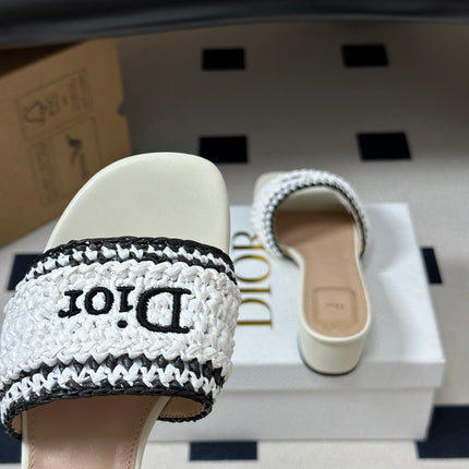 DIOR 26S BLOCK-HEEL SLIDE SANDALS 40MM IN IVORY WHITE RAFFIA