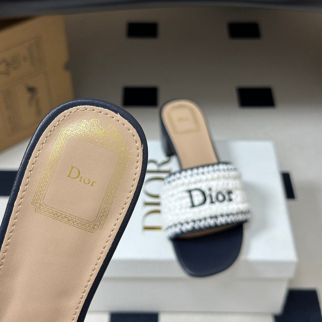 DIOR 26S BLOCK-HEEL SLIDE SANDALS 40MM IN WHITE AND DEEP BLUE RAFFIA