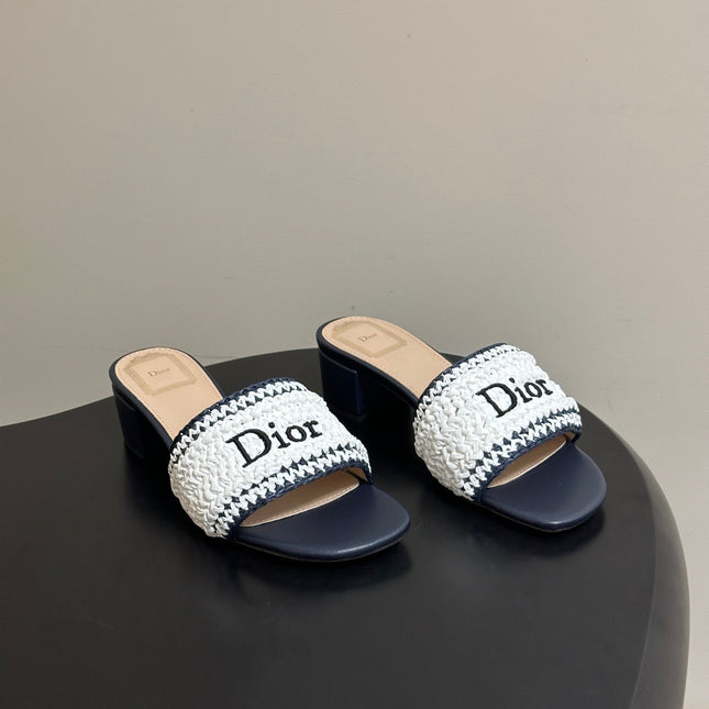 DIOR 26S BLOCK-HEEL SLIDE SANDALS 40MM IN WHITE AND DEEP BLUE RAFFIA