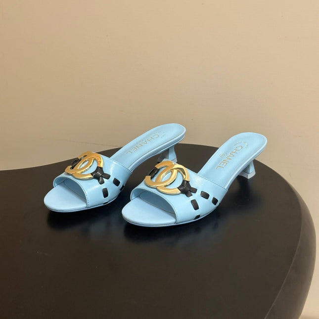 CHANEL 26S HIGH HEEL MULE IN LIGHT BLUE LAMBSKIN WITH GOLD TONE CC LOGO