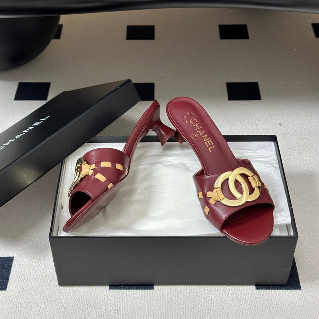 CHANEL 26S HIGH HEEL MULE IN RED LAMBSKIN WITH GOLD TONE CC LOGO
