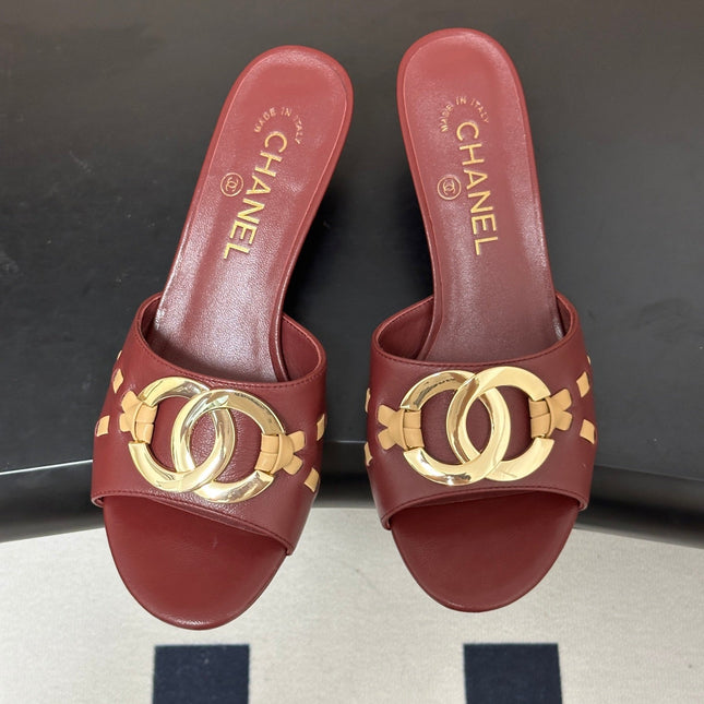 CHANEL 26S HIGH HEEL MULE IN RED LAMBSKIN WITH GOLD TONE CC LOGO